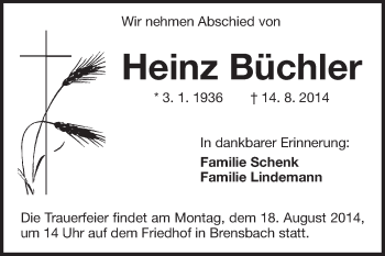 Traueranzeige von Heinz Büchler von Odenwälder Echo