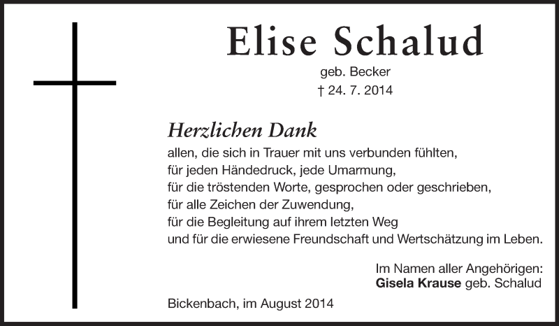  Traueranzeige für Elise Schalud vom 16.08.2014 aus Echo-Zeitungen (Gesamtausgabe)