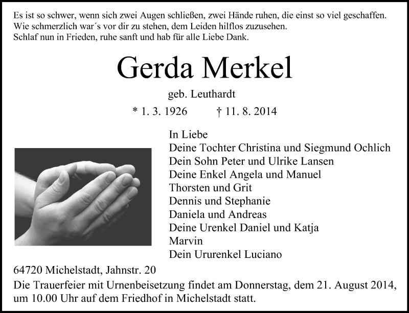  Traueranzeige für Gerda Merkel vom 16.08.2014 aus Odenwälder Echo