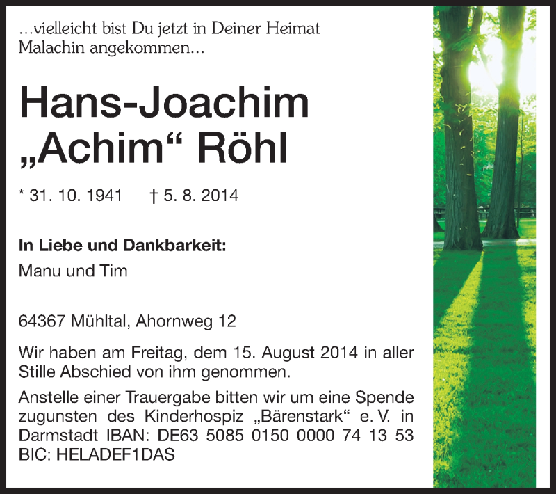  Traueranzeige für Hans-Joachim Röhl vom 16.08.2014 aus Echo-Zeitungen (Gesamtausgabe)
