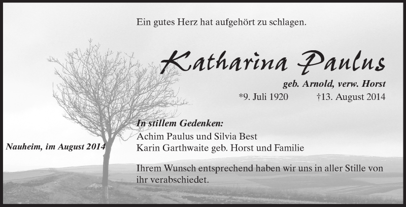  Traueranzeige für Katharina Paulus vom 16.08.2014 aus Rüsselsheimer Echo, Groß-Gerauer-Echo, Ried Echo