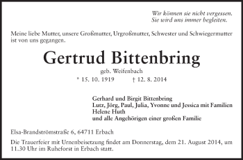 Traueranzeige von Gertrud Bittenbring von Echo-Zeitungen (Gesamtausgabe)