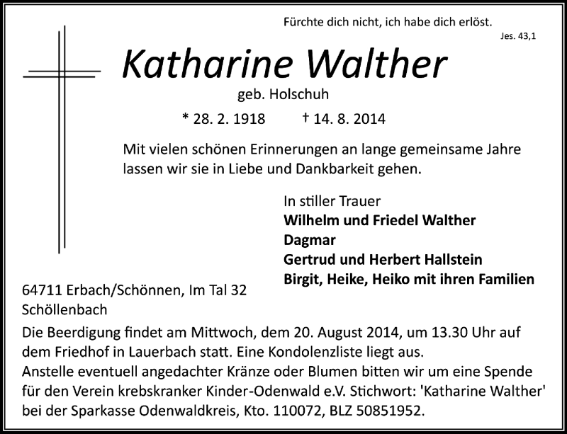  Traueranzeige für Katharine Walther vom 18.08.2014 aus Odenwälder Echo