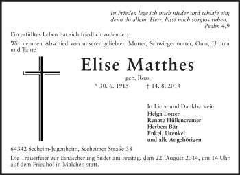 Traueranzeige von Elise Matthes von Echo-Zeitungen (Gesamtausgabe)