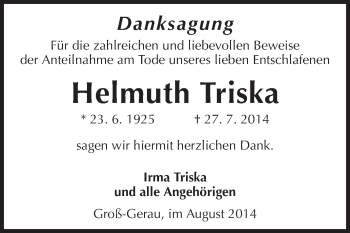 Traueranzeige von Helmuth Triska von Rüsselsheimer Echo, Groß-Gerauer-Echo, Ried Echo