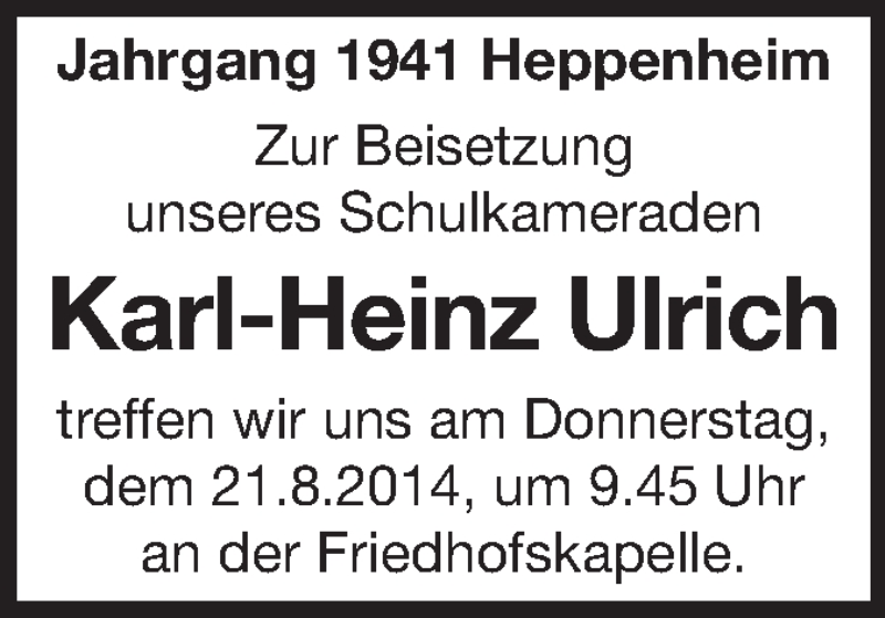  Traueranzeige für Karl-Heinz Ulrich vom 20.08.2014 aus Starkenburger Echo