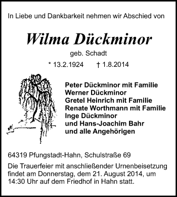 Traueranzeige von Wilma Dückminor von Echo-Zeitungen (Gesamtausgabe)