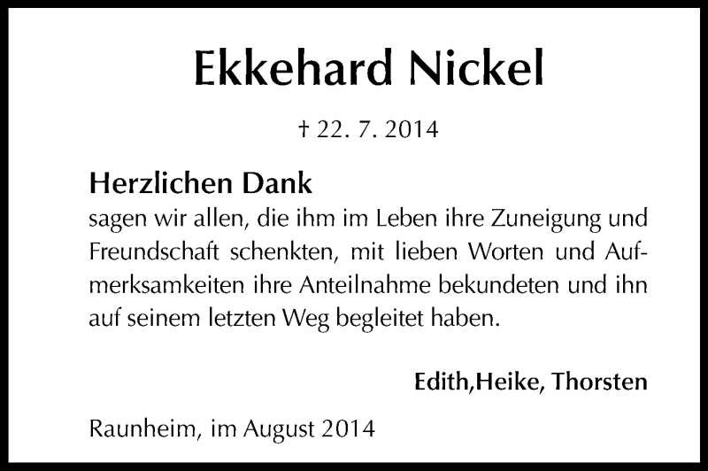  Traueranzeige für Ekkehard Nickel vom 20.08.2014 aus Rüsselsheimer Echo, Groß-Gerauer-Echo, Ried Echo