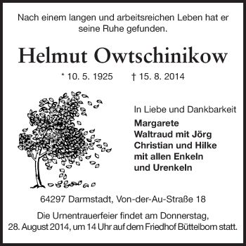 Traueranzeige von Helmut Owtschinikow von Echo-Zeitungen (Gesamtausgabe)