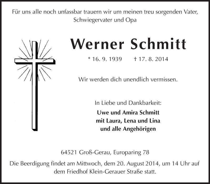  Traueranzeige für Werner Schmitt vom 19.08.2014 aus Rüsselsheimer Echo, Groß-Gerauer-Echo, Ried Echo