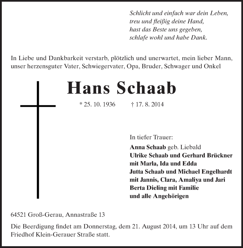  Traueranzeige für Hans Schaab vom 19.08.2014 aus Rüsselsheimer Echo, Groß-Gerauer-Echo, Ried Echo