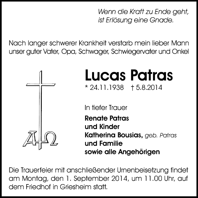  Traueranzeige für Lucas Patras vom 27.08.2014 aus Echo-Zeitungen (Gesamtausgabe)