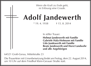 Traueranzeige von Adolf Jandewerth von Rüsselsheimer Echo, Groß-Gerauer-Echo, Ried Echo