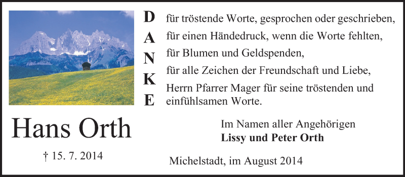 Traueranzeige für Hans Orth vom 20.08.2014 aus Odenwälder Echo