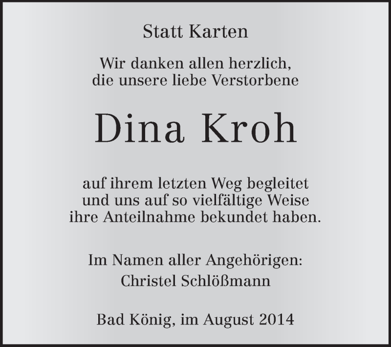  Traueranzeige für Dina Kroh vom 23.08.2014 aus Odenwälder Echo