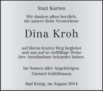 Traueranzeige von Dina Kroh von Odenwälder Echo