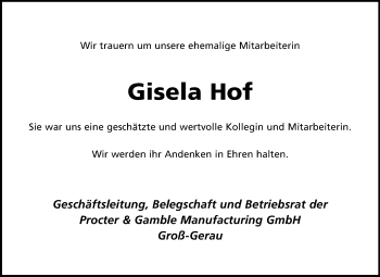 Traueranzeige von Gisela Hof von Rüsselsheimer Echo, Groß-Gerauer-Echo, Ried Echo