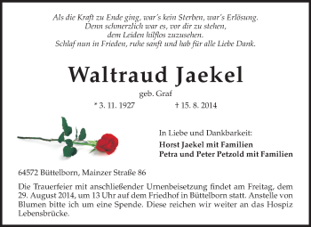 Traueranzeige von Waltraud Jaekel von Rüsselsheimer Echo, Groß-Gerauer-Echo, Ried Echo