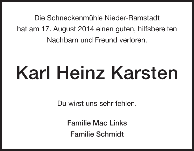  Traueranzeige für Karl Heinz Karsten vom 20.08.2014 aus Echo-Zeitungen (Gesamtausgabe)
