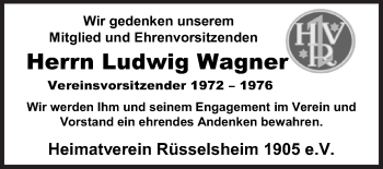 Traueranzeige von Ludwig Wagner von Rüsselsheimer Echo, Groß-Gerauer-Echo, Ried Echo