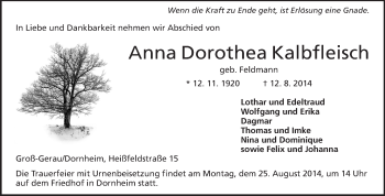 Traueranzeige von Anna Dorothea Kalbfleisch von Rüsselsheimer Echo, Groß-Gerauer-Echo, Ried Echo