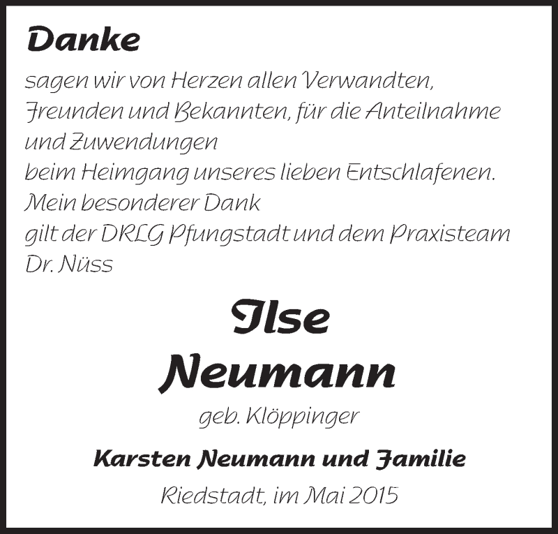  Traueranzeige für Ilse Neumann vom 30.05.2015 aus Echo-Zeitungen (Gesamtausgabe)