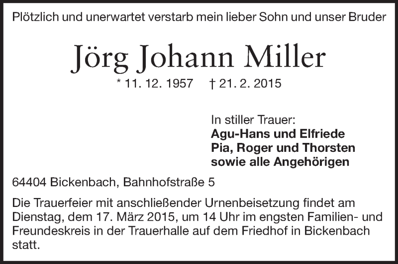  Traueranzeige für Jörg Johann Miller vom 14.03.2015 aus Echo-Zeitungen (Gesamtausgabe)