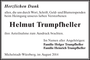 Traueranzeige von Helmut Trumpfheller von Odenwälder Echo