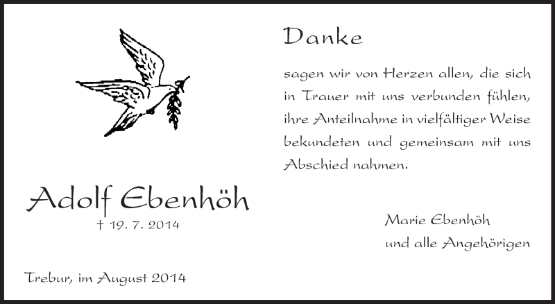  Traueranzeige für Adolf Ebenhöh vom 22.08.2014 aus Rüsselsheimer Echo, Groß-Gerauer-Echo, Ried Echo