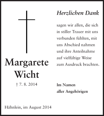 Traueranzeige von Margarete Wicht von Echo-Zeitungen (Gesamtausgabe)