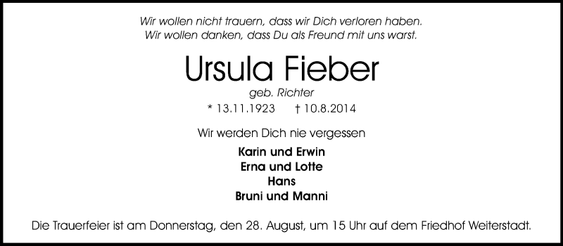  Traueranzeige für Ursula Fieber vom 23.08.2014 aus Echo-Zeitungen (Gesamtausgabe)