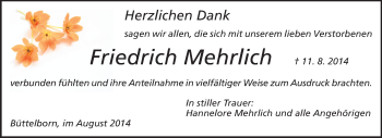 Traueranzeige von Friedrich Mehrlich von Rüsselsheimer Echo, Groß-Gerauer-Echo, Ried Echo