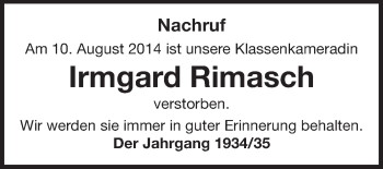 Traueranzeige von Irmgard Rimasch von Rüsselsheimer Echo, Groß-Gerauer-Echo, Ried Echo