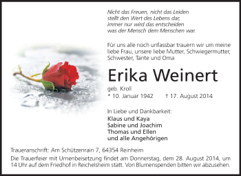 Traueranzeige von Erika Weinert von Echo-Zeitungen (Gesamtausgabe)