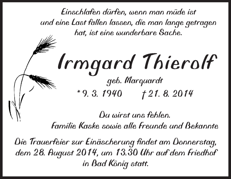  Traueranzeige für Irmgard Thierolf vom 26.08.2014 aus Odenwälder Echo