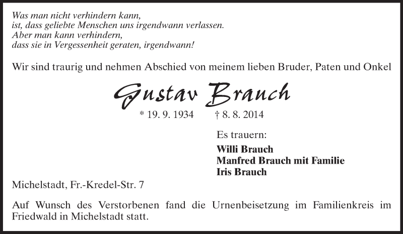  Traueranzeige für Gustav Brauch vom 25.08.2014 aus Odenwälder Echo