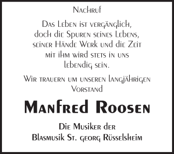 Traueranzeige von Manfred Roosen von Rüsselsheimer Echo, Groß-Gerauer-Echo, Ried Echo