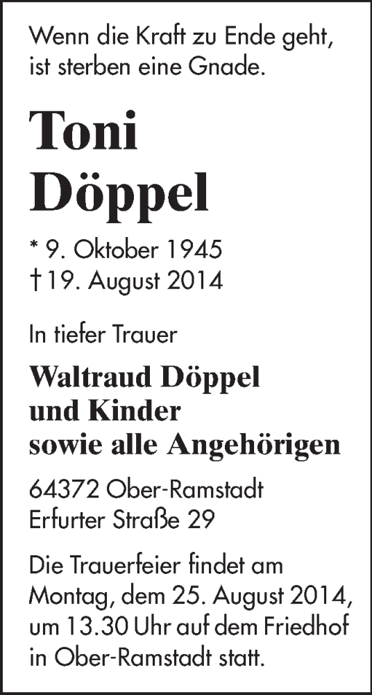  Traueranzeige für Toni Döppel vom 23.08.2014 aus Echo-Zeitungen (Gesamtausgabe)