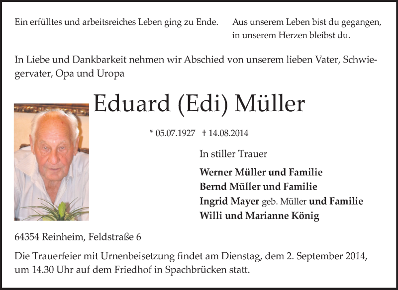 Traueranzeige für Eduard Müller vom 30.08.2014 aus Darmstädter Echo, Odenwälder Echo, Rüsselsheimer Echo, Groß-Gerauer-Echo, Ried Echo