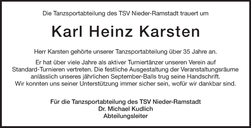  Traueranzeige für Karl Heinz Karsten vom 23.08.2014 aus Echo-Zeitungen (Gesamtausgabe)