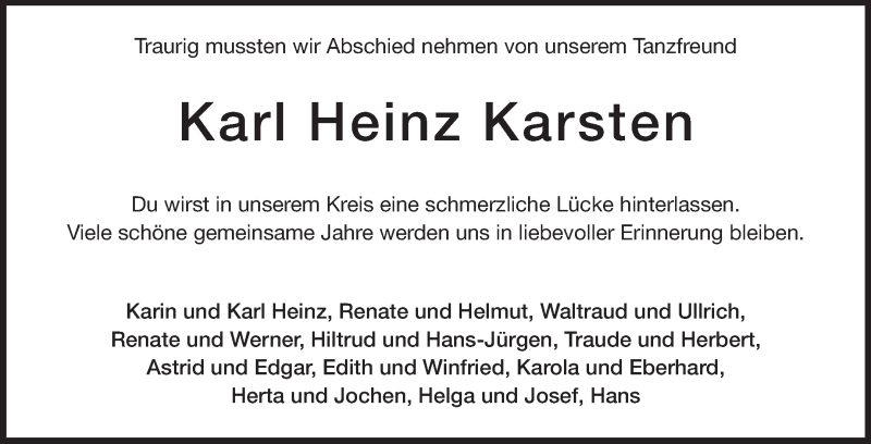  Traueranzeige für Karl Heinz Karsten vom 23.08.2014 aus Echo-Zeitungen (Gesamtausgabe)