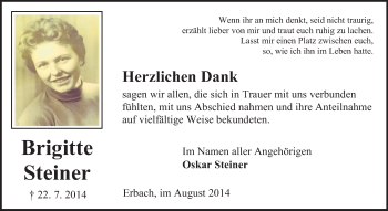 Traueranzeige von Brigitte Steiner von Odenwälder Echo