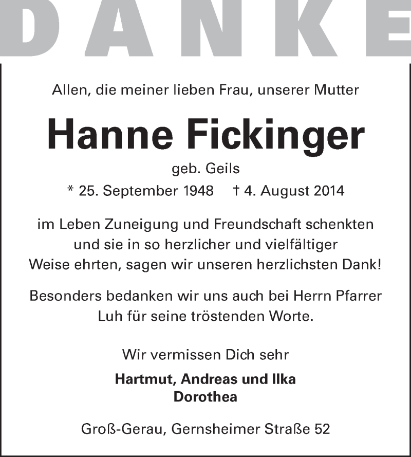  Traueranzeige für Hanne Fickinger vom 27.08.2014 aus Rüsselsheimer Echo, Groß-Gerauer-Echo, Ried Echo