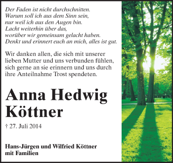 Traueranzeige von Anna Hedwig Köttner von Echo-Zeitungen (Gesamtausgabe)