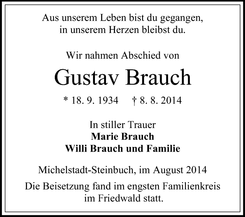  Traueranzeige für Gustav Brauch vom 25.08.2014 aus Odenwälder Echo