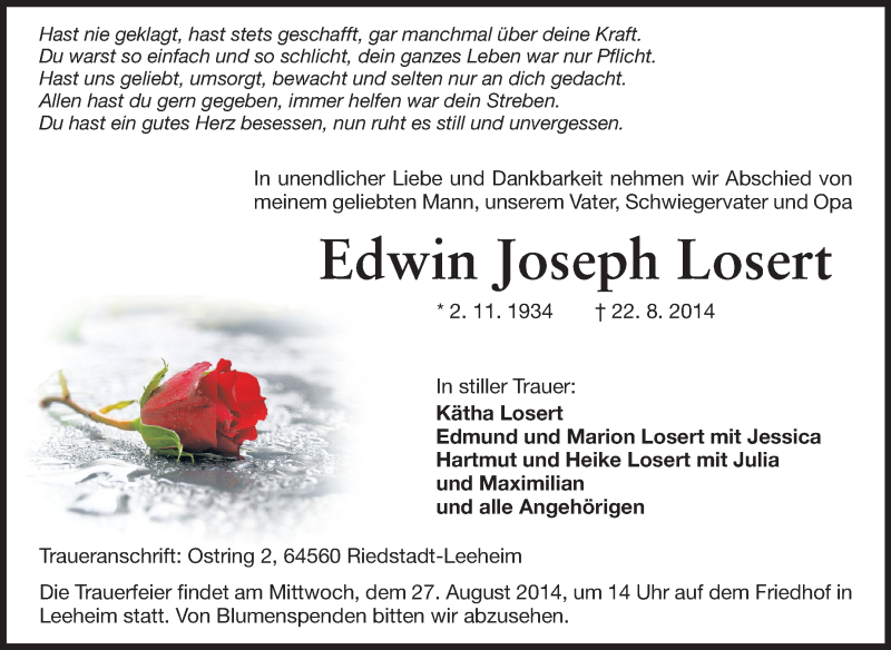  Traueranzeige für Edwin Joseph Losert vom 25.08.2014 aus Rüsselsheimer Echo, Groß-Gerauer-Echo, Ried Echo