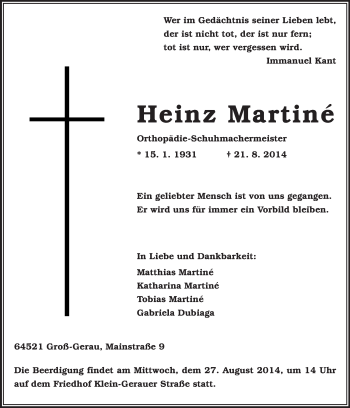 Traueranzeige von Heinz Martiné von Rüsselsheimer Echo, Groß-Gerauer-Echo, Ried Echo