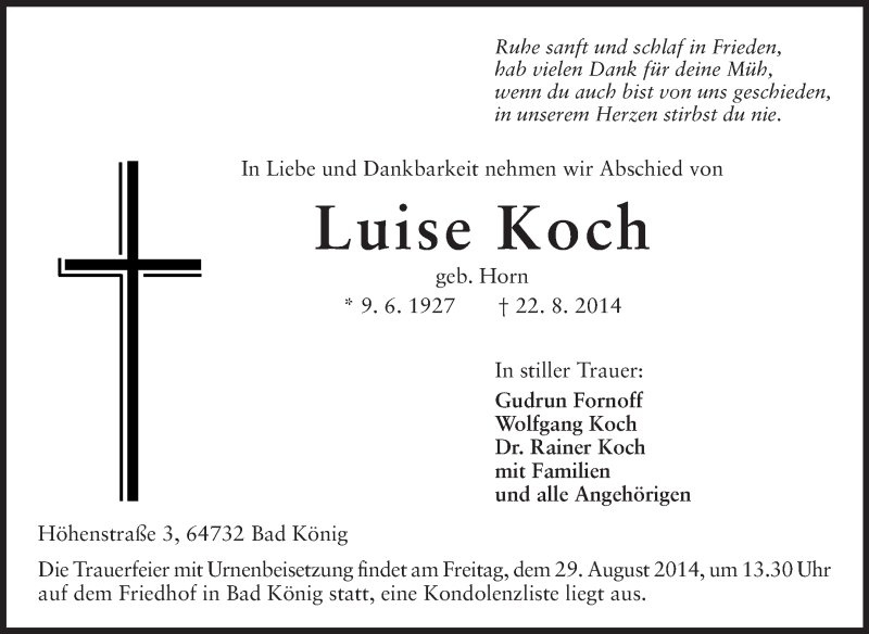  Traueranzeige für Luise Koch vom 27.08.2014 aus Odenwälder Echo