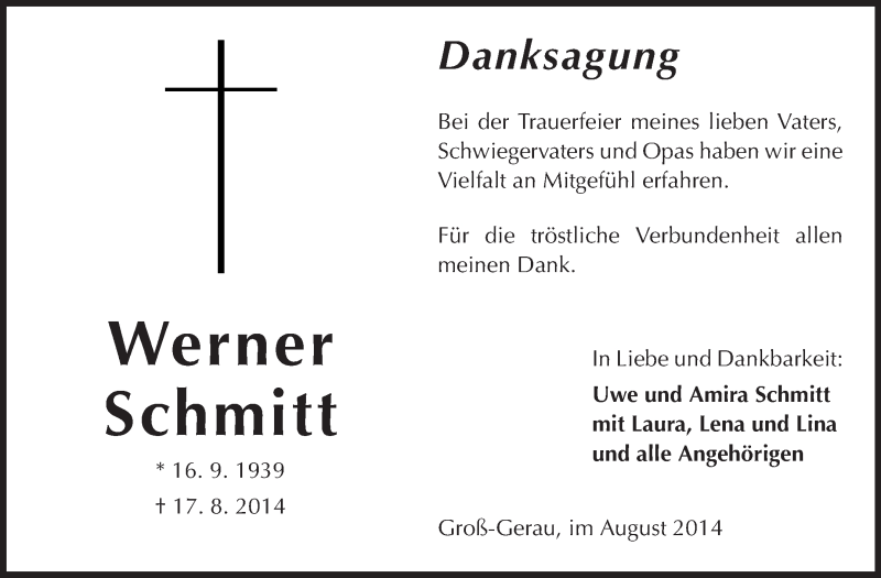  Traueranzeige für Werner Schmitt vom 30.08.2014 aus Rüsselsheimer Echo, Groß-Gerauer-Echo, Ried Echo