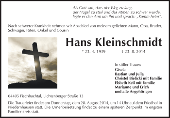 Traueranzeige von Hans Kleinschmidt von Echo-Zeitungen (Gesamtausgabe)
